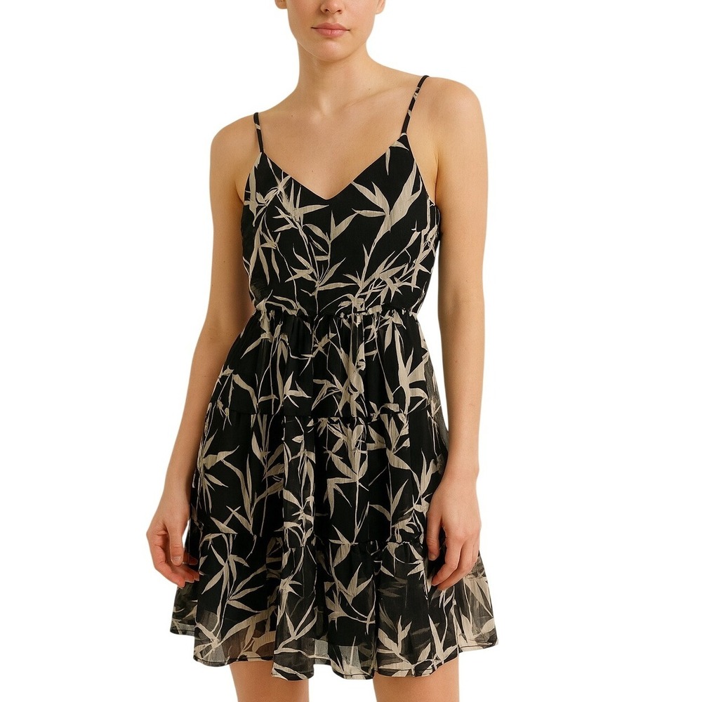 Express‎ XS Black and Beige Leaf Print Sleeveless Boho Mini Tiered Dress Flowy
